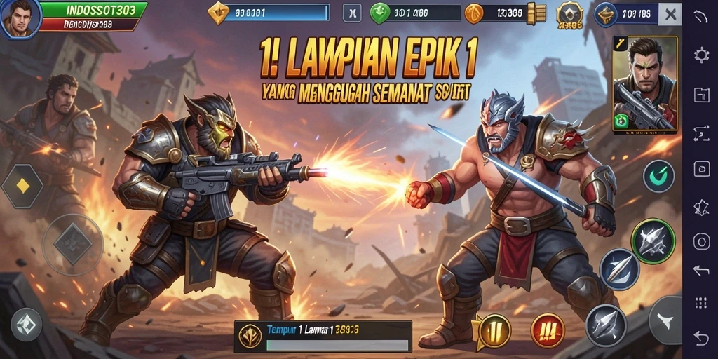 Tampilan antarmuka pertempuran 1 lawan 1 yang menarik dan intuitif.